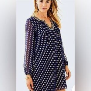 Lilly Pulitzer Dress 100% Silk Navy Gold Wedding Cocktail 00/0/XS Embellished